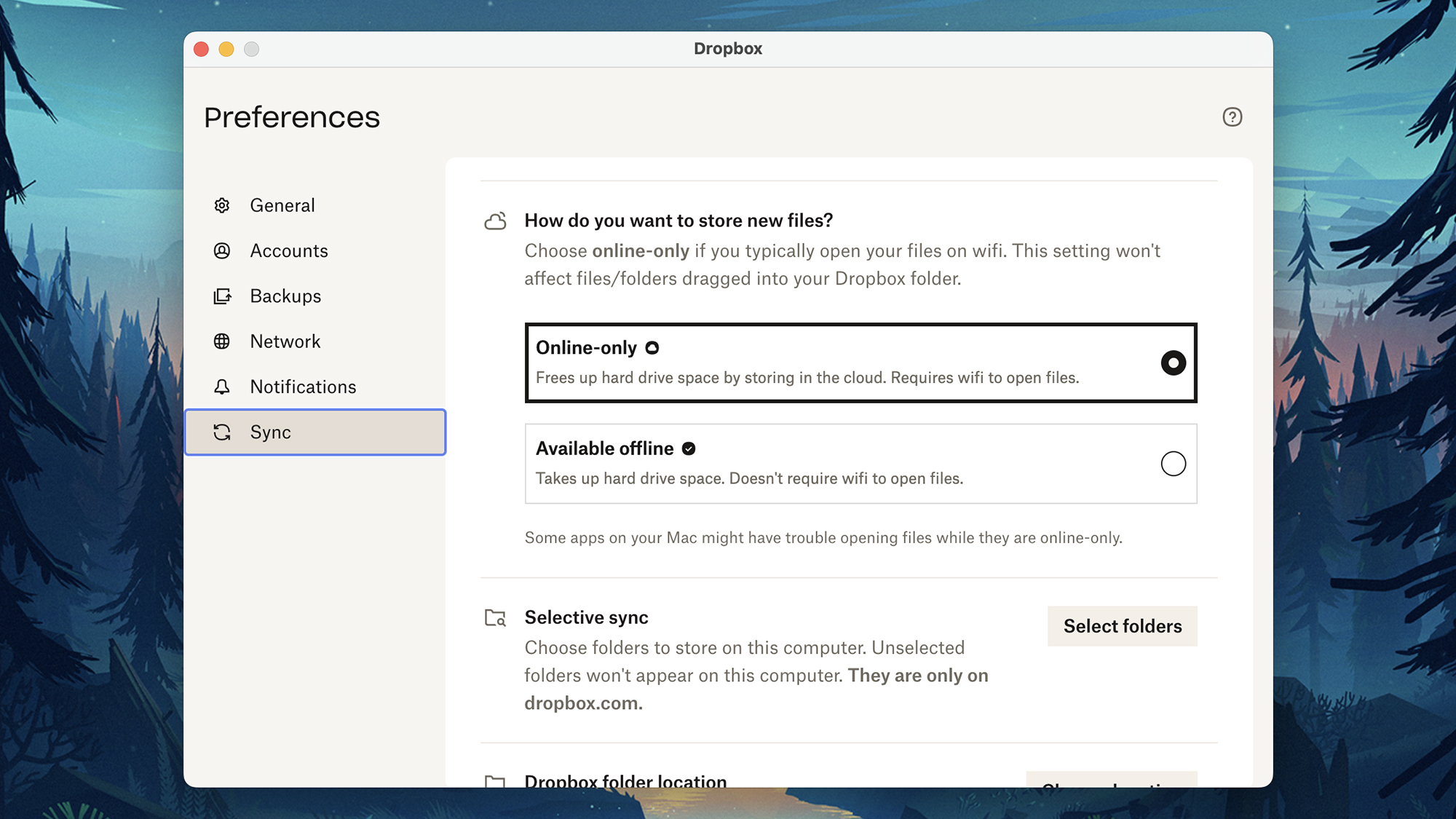 dropbox menu options for syncing folders
