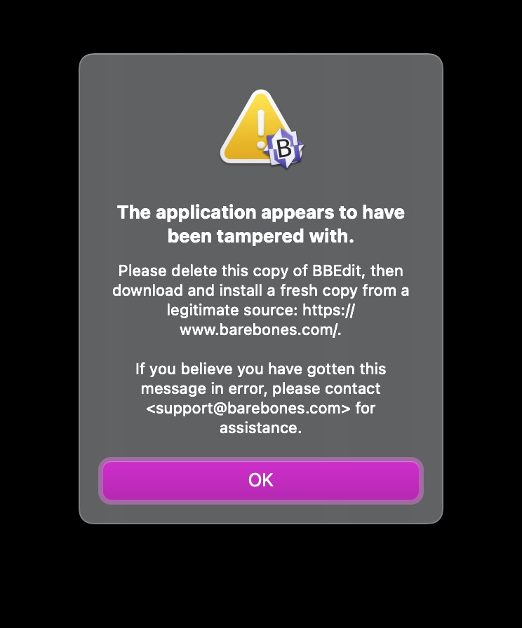 修复了Mac上的“应用程序似乎已被篡改”错误