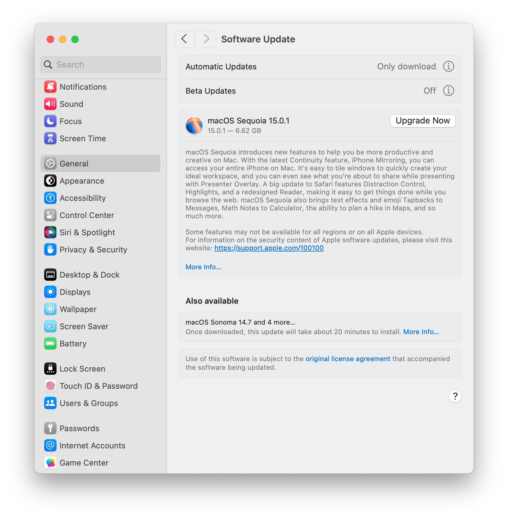 MacOS红杉15.0.1更新带有错误修复的更新