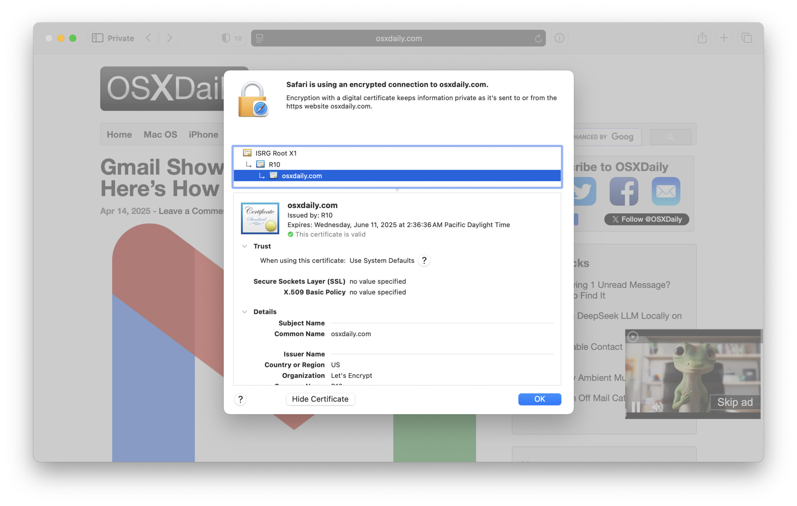 如何在Mac上的Safari中获取SSL证书信息