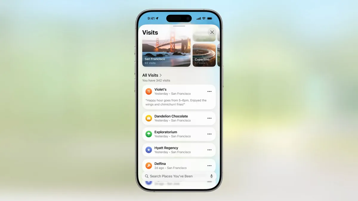 iOS 26 中的 Apple 地图可追踪您最喜爱的地点