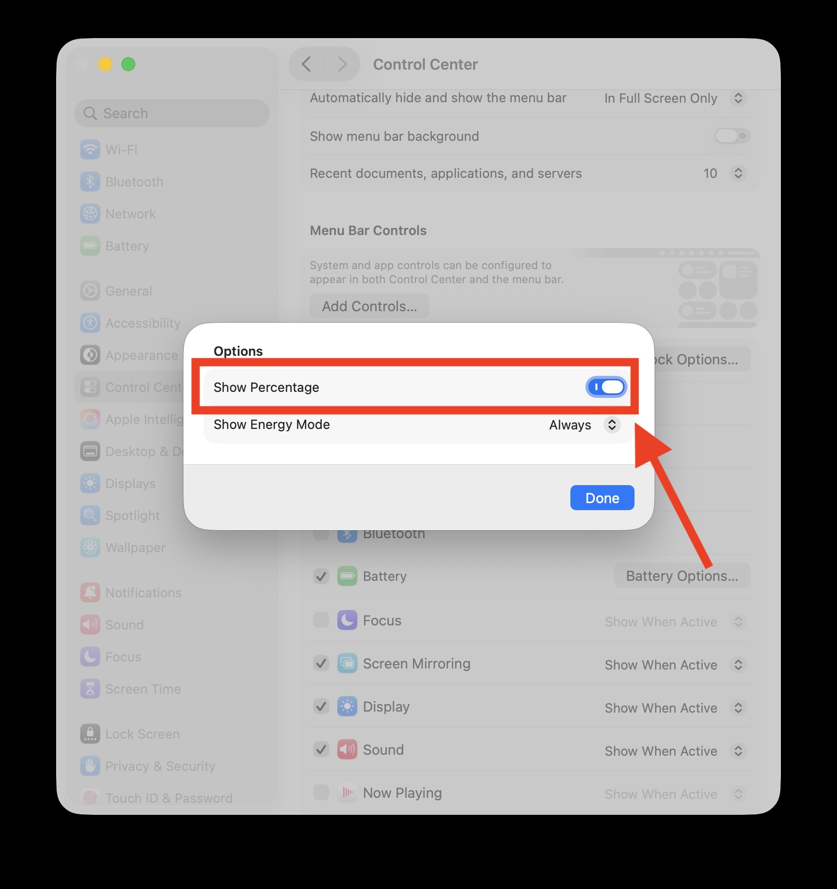 如何在 macOS Tahoe 的菜单栏中显示电池百分比
