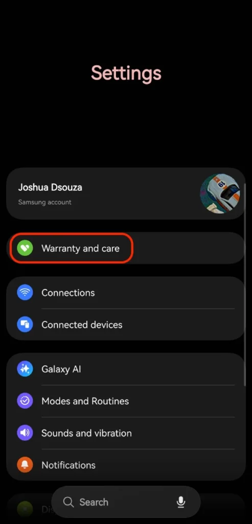 One UI 9 保修和关怀菜单