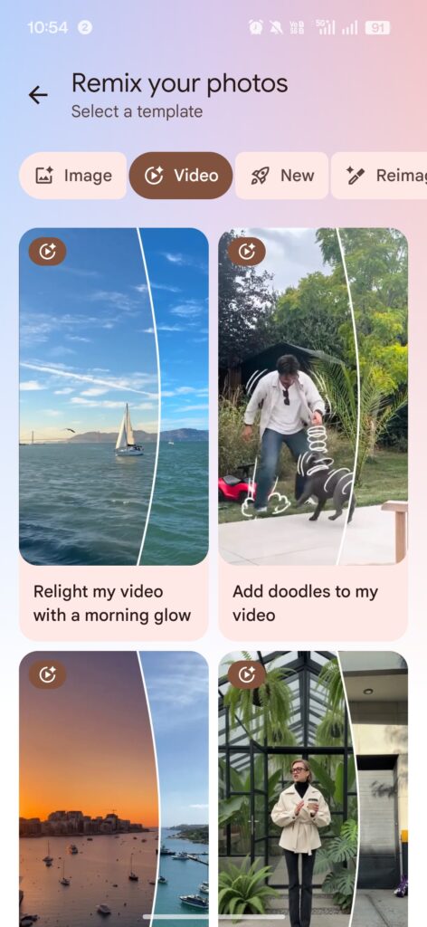 Google相册Video Remix风格模板选择界面