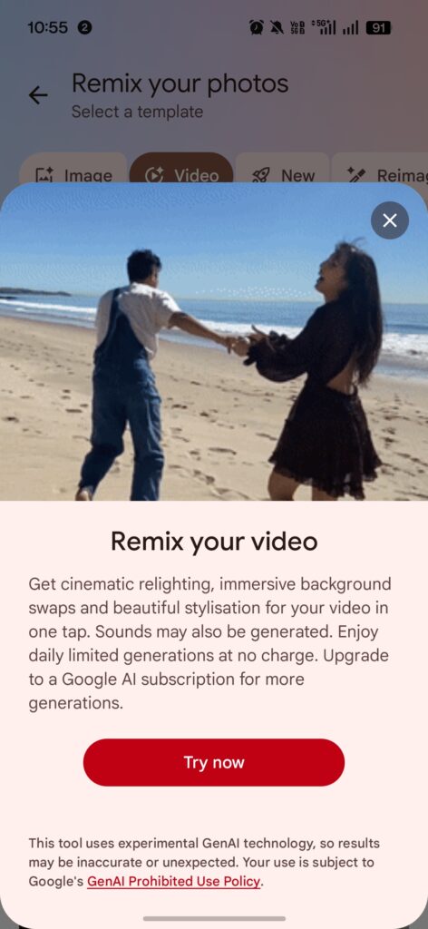 在Google相册中选择要AI Remix的视频